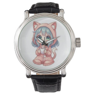 Cozy Kawaii Anime Girl with Cat Hoodie – Hot Drink Watch