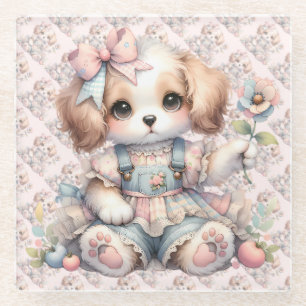 Cozy Kawaii Cottagecore Farmcore Puppy Style Glass Coaster