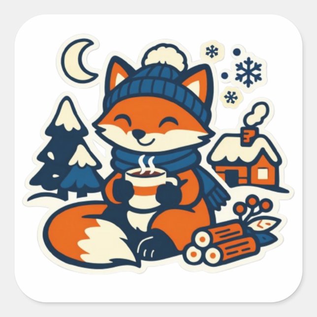 Cozy Kawaii Fox Drinking Cocoa in the Snow Square Sticker (Front)