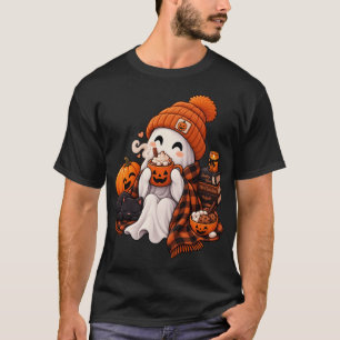 Cozy Kawaii Halloween Ghost Cocoa Party T-Shirt
