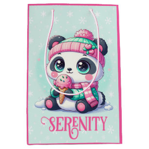 Cozy Kawaii Panda with Ice Cream Cone Winter Medium Gift Bag