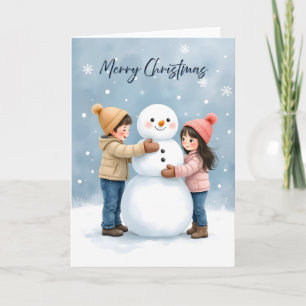 Cozy Kids Building a Snowman Blank Christmas Card