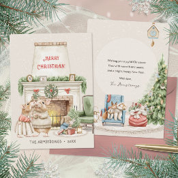 Cozy Kissing Mice Fireplace Watercolor Christmas Holiday Card
