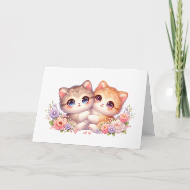 Cozy Kitten Companions Pastel Floral Greeting Card (Front)
