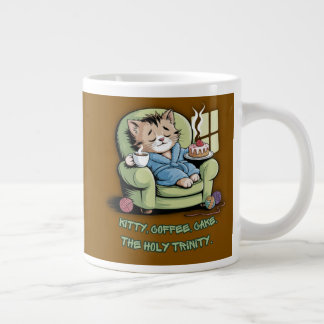 Cozy Kitten with Coffee and Cake – Funny Cat Large Coffee Mug