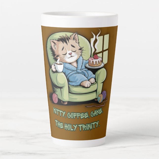 Cozy Kitten with Coffee and Cake – Funny Cat Latte Mug (Front)