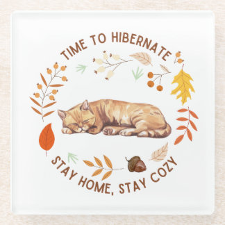 Cozy Kitty Fall Thanksgiving Glass Coaster