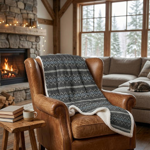 Cozy Knitted Pattern Black and Grey Sherpa Blanket