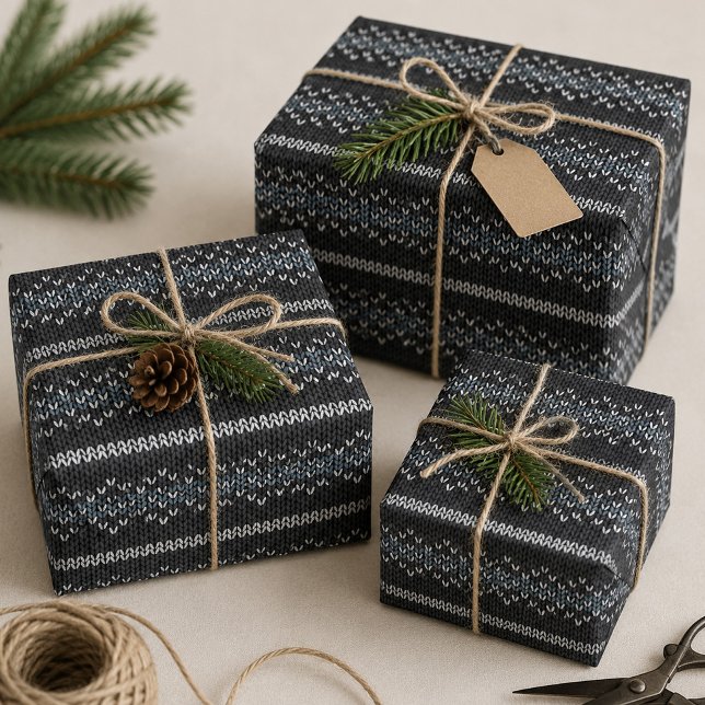 Cozy Knitted Pattern Black and Grey Wrapping Paper (Creator Uploaded)