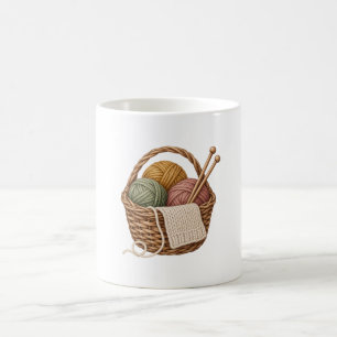 Cozy Knitting Basket with Sage Rose and Ochre Yarn Coffee Mug