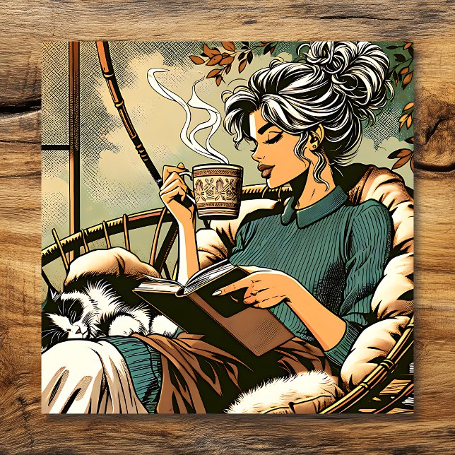 Cozy Lady Reading with Coffee and Cat Card Poster (Creator Uploaded)