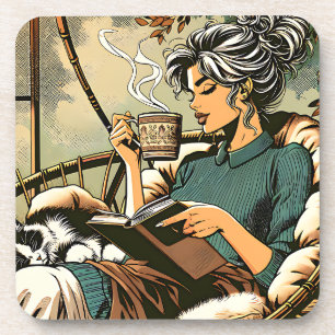 Cozy Lady Reading with Coffee and Cat Coaster