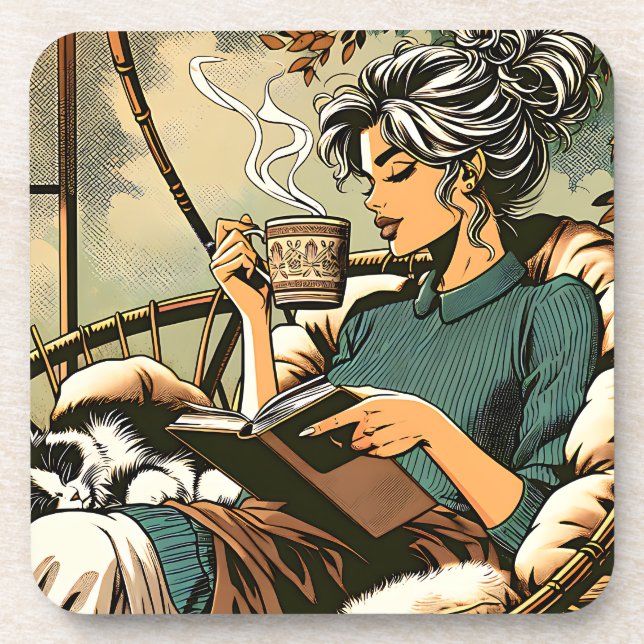 Cozy Lady Reading with Coffee and Cat Coaster (Front)