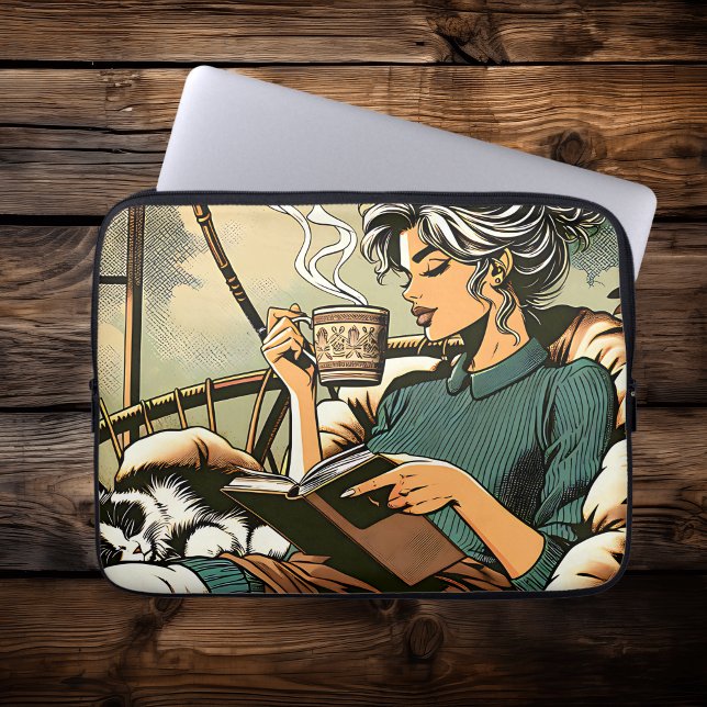 Cozy Lady Reading with Coffee and Cat Laptop Sleeve (Creator Uploaded)