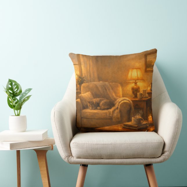 Cozy Lamp‑Lit Cat Corner Throw Pillow (Chair)