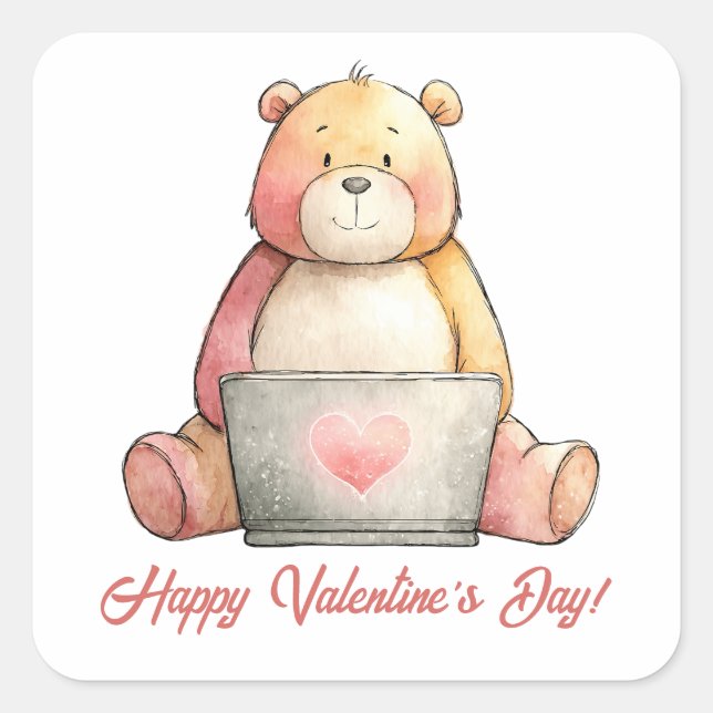 Cozy Laptop Bear Valentine`s Day Square Sticker (Front)