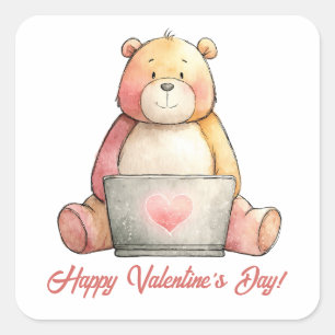 Cozy Laptop Bear Valentines Design Square Sticker