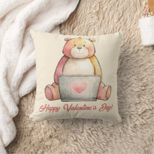 Cozy Laptop Bear Valentines Design Throw Pillow