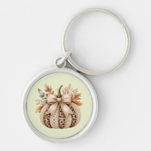 Cozy Leopard Print & Crochet Pumpkin Neutral Fall Keychain