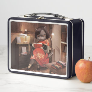 Cozy Library Afternoon - Lo-fi Vintage Cat Metal Lunch Box