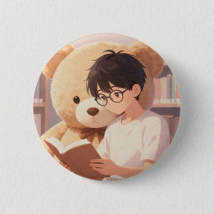 Cozy Library Boy & Giant Teddy Bear Reading Aesthe 2 Inch Round Button