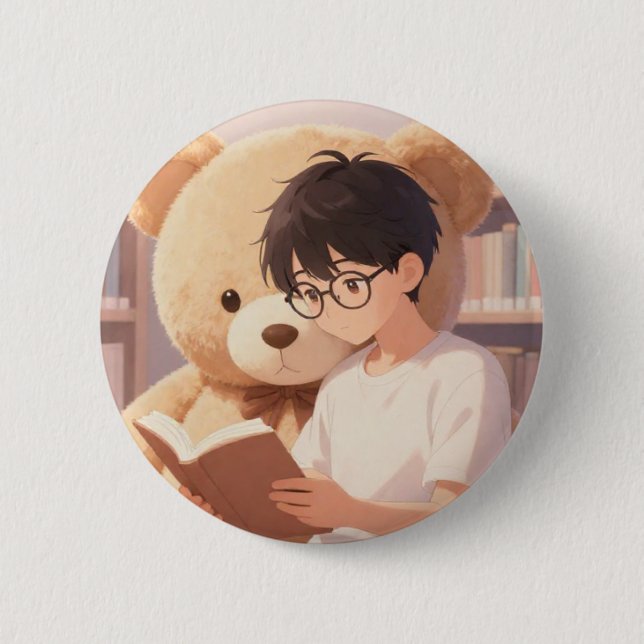 Cozy Library Boy & Giant Teddy Bear Reading Aesthe 2 Inch Round Button (Front)