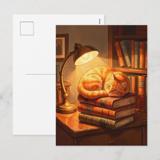 Cozy Library Cat Postcard - Bookworm Gift Art 