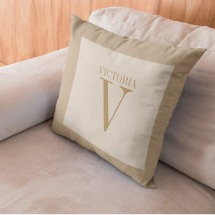 Cozy Light Beige Linen With Tan Monogram Throw Pillow