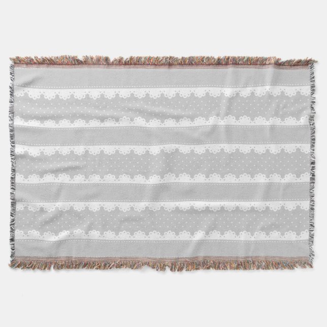 Cozy Light Grey & White Lace Striped Pattern Throw Blanket (Front)