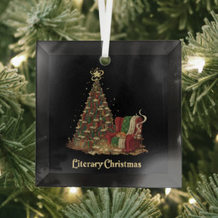 Cozy Literary Christmas Tree of Books Book Lover Glass Ornament