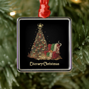 Cozy Literary Christmas Tree of Books Book Lover Metal Ornament