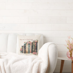 Cozy Literary Decor with Books & Floral Accents Throw Pillow