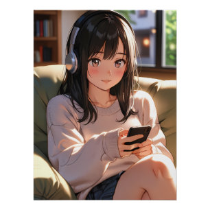 Cozy Lofi Anime Girl Headphones Chill Vibe Aesthet Poster