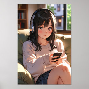 Cozy Lofi Anime Girl Headphones Chill Vibe Aesthet Poster