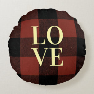 Cozy Love Red and Black Buffalo Plaid Design Round Pillow