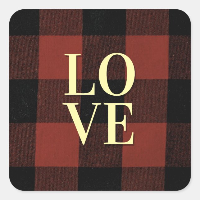 Cozy Love: Red and Black Plaid Flannel Design Square Sticker (Front)