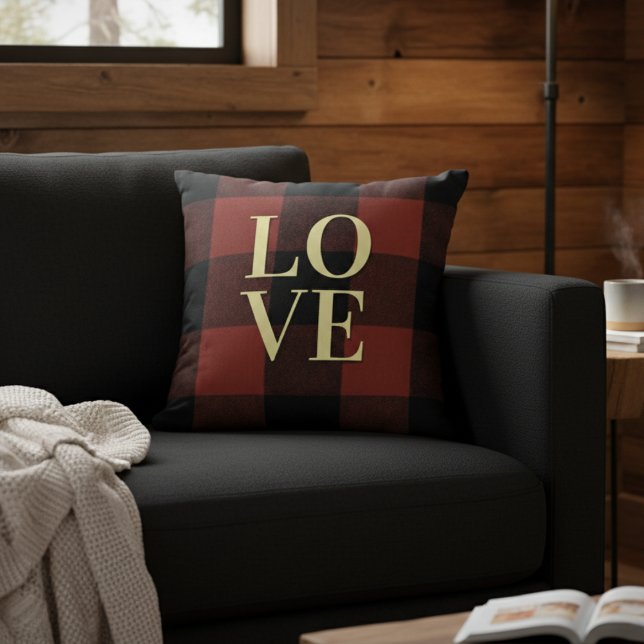 Cozy Love: Red and Black Plaid Flannel Design Throw Pillow (Creator Uploaded)