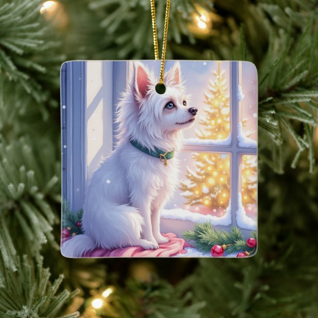 Cozy Maltese by Snowy Window Christmas Dog Art Ceramic Ornament (Tree)