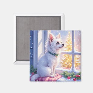 Cozy Maltese by Snowy Window Christmas Dog Art Magnet