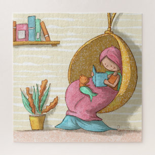 Cozy Mermaid Reading with Cat Mermaid Illustrated Jigsaw Puzzle