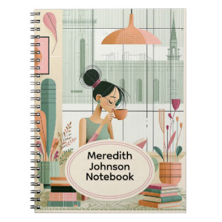 Cozy Mid-Century Modern Bookworm Girl Coffee Notebook