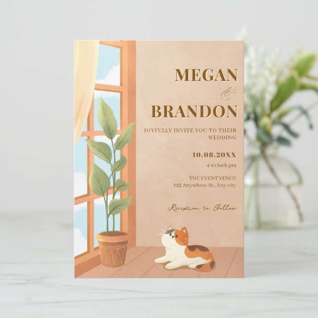 Cozy minimalist cat home wedding invitation (Standing Front)