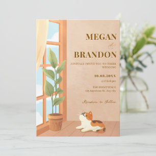 Cozy minimalist cat home wedding invitation