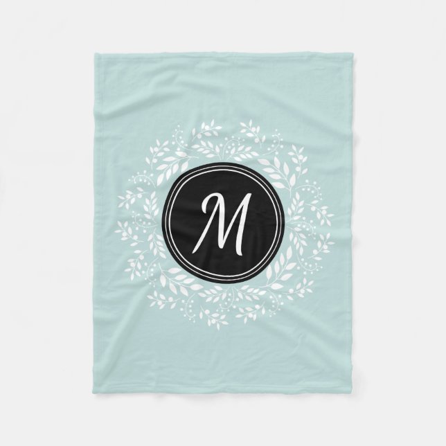 Cozy Mint Blue Floral Wreath Personalized Monogram Fleece Blanket (Front)