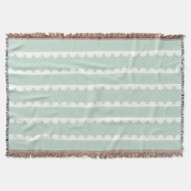 Cozy Mint Green & White Lace Striped Pattern Throw Blanket (Front)