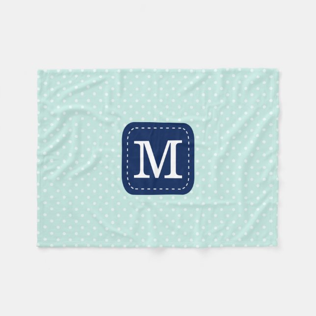 Cozy Mint Polka Dots Pattern With Custom Monogram Fleece Blanket (Front (Horizontal))