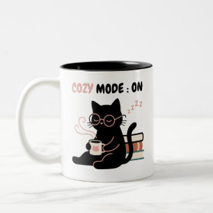 Cozy Mode On Cute Black Cat Coffee Books T-Shirt Two-Tone Coffee Mug