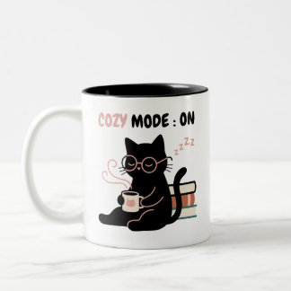 Cozy Mode On Cute Black Cat Coffee Books T-Shirt Two-Tone Coffee Mug