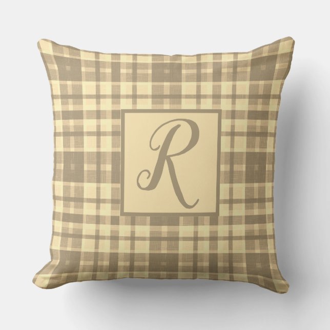 Cozy modern beige and brown plaid monogram throw pillow (Front)