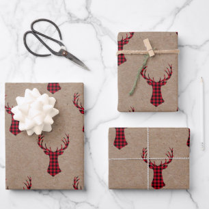 Cozy Modern Deer Kraft Plaid Christmas Wrapping Paper Sheet